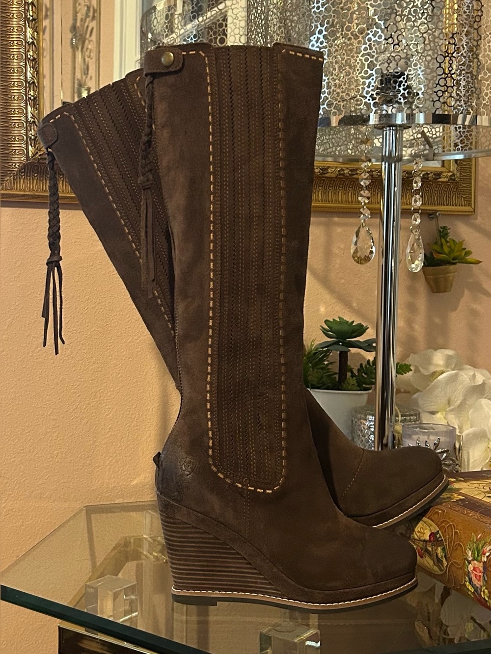 Ariat Brown Suede Leather Wedge Knee-High Boots with Braided Tassel Zipper Sz 7